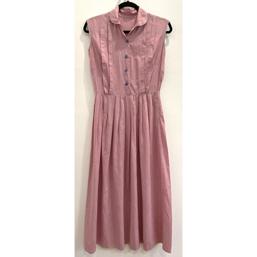 Vintage 1950s Pink Day Dress with Piped Trim - Small